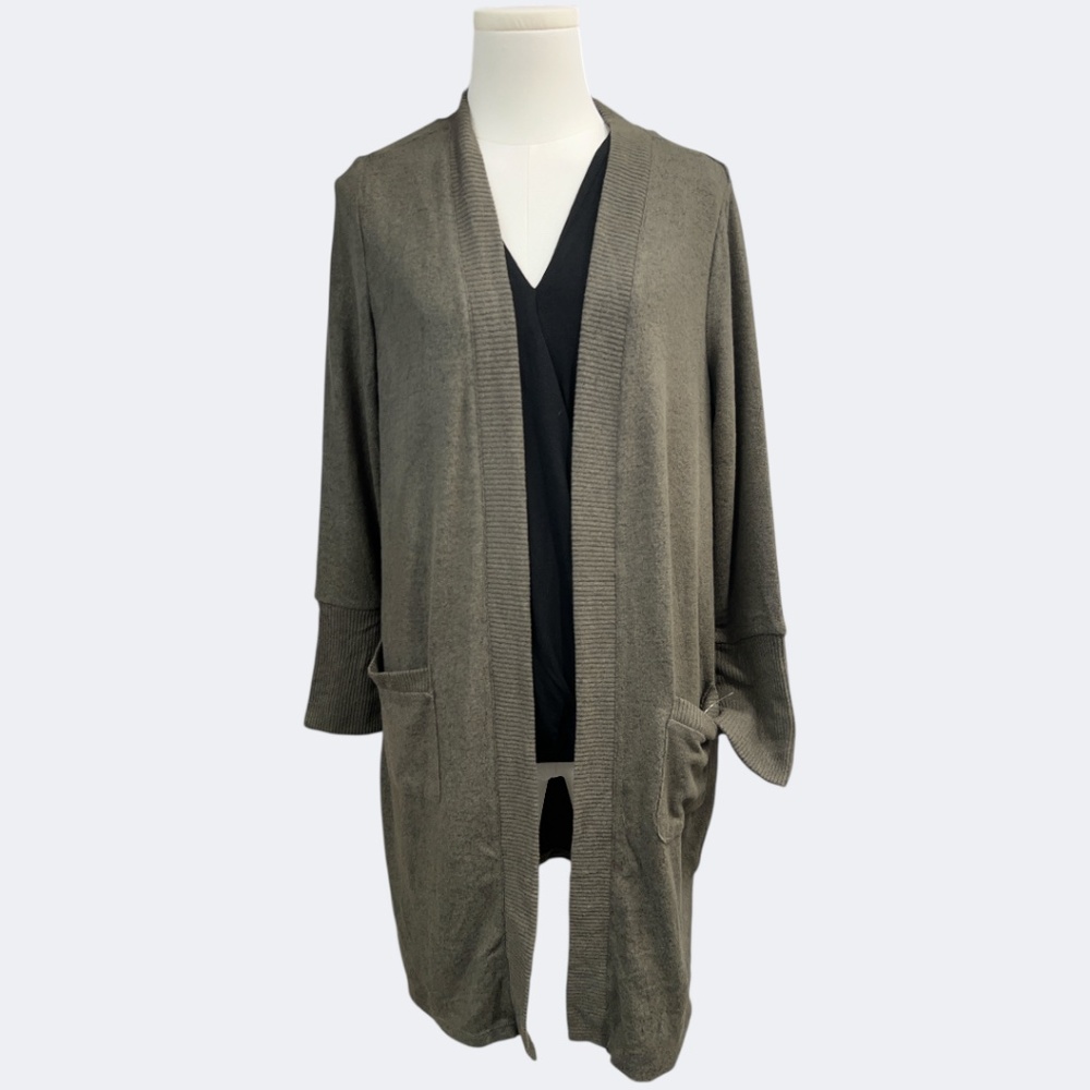 Market Spruce Cardi M Green Longline Rib Sleeves Trim‎ Open Slouchy Pockets Soft